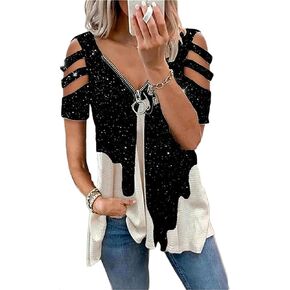 BJYPHJSH Women's Cold Shoulder Tops Tee Sexy Summer V Neck Loose T Shirts Casual Short Sleeves Zipper Floral Print Blouse