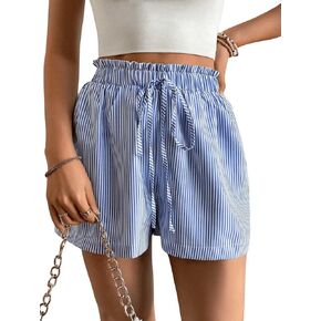 Floerns Women's Striped Print Elastic Waist Shorts Straight Leg Paperbag Shorts