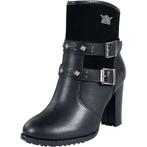 Dream Apparel Womens Motorcycle Riding Boots Biker Boots with Side Zipper, Black Faux Leather Ankle Boots Booties with Adjustable Buckled Straps, Fashion Short Boots for Ladies with Chunky High Heel