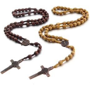 XAM 2Pcs/set Y Rosary Bead Cross Catholic Necklace Set Catholic Round Rose Beads Religious Jesus Necklaces for Women Men Girls