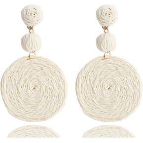 Boho Raffia Ball Earrings for Women, Handmade Statement Drop Earrings Straw Dangle Earrings Beach Vacation Jewelry