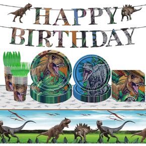 98PCS Dinosaur Birthday Party Supplies Dinosaur Party Tableware Set Dinosaur Theme Birthday Party Decoration for Boys Girls Dino Paper Plates Napkins Cups Forks Knives Tablecloth Banner Serve 16