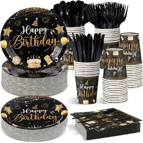 Vesici 350 Pcs Happy Birthday Party Supplies Disposable Party Tableware Set Serves 50 Included Plates Napkins Cups Cutlery for Men Woman 50th 80th Birthday Party Decorations (Black Red)