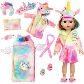 مجموعة ملابس الدمى للفتيات وحقيبة النوم مقاس 14.5 بوصة من ZITA ELEMENT - ثوب نوم وحيد القرن للدمية مقاس 14 إلى 14.5 بوصة مع وسادة أحذية مطابقة وقناع العين للأطفال، أفضل الهدايا in Kuwait