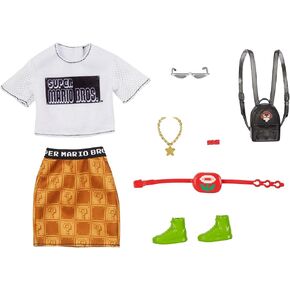 Barbie Storytelling Fashion Pack of Doll Clothes Inspired by Super Mario: Graphic Tee, Patterned Skirt & 6 Accessories Dolls, Gift for 3 to 8 Year Olds
