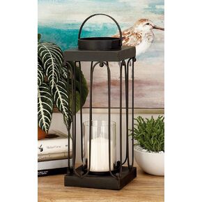 Deco 79 Metal Indoor Outdoor Candle Lantern Tall Minimalist Decorative Lantern Candle Holder with Ring Handles, Set of 2 Lantern 27, 22" H, Black