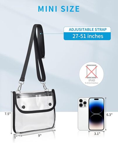 Lyingflat Clear Purse معتمدة على الاستاد، حقيبة شفافة مع أزرار مغناطيسية، حقيبة كروس شفافة للمدرسة والحفلات الرياضية والسفر والعمل - أسود in Kuwait