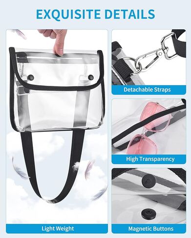 Lyingflat Clear Purse معتمدة على الاستاد، حقيبة شفافة مع أزرار مغناطيسية، حقيبة كروس شفافة للمدرسة والحفلات الرياضية والسفر والعمل - أسود in Kuwait