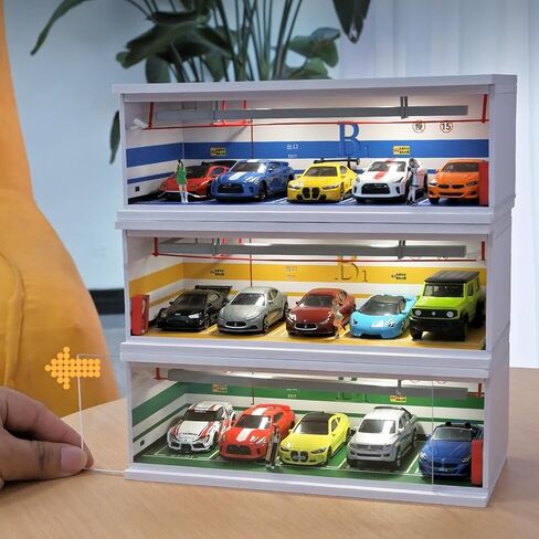 علبة عرض خالية من التجميع للعجلات الساخنة 1:64 نموذج Diecast عرض سيارة ديوراما موقف سيارات مصغر مشهد المرآب علبة الثقاب سيارات لعبة تخزين الغبار مع أضواء USB (أزرق) in Kuwait