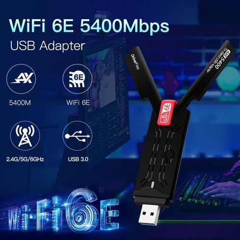 برنامج تشغيل محول شبكة USB WiFi 6E لاسلكي مجاني جيجابت ألعاب USB 3.0 بطاقة WiFi AX5400 لأجهزة الكمبيوتر المكتبية مع 2.4 جيجا هرتز، 5 جيجا هرتز، 6 جيجا هرتز، هوائي ثلاثي الموجات عالي الكسب، MU-MIMO OFDMA فقط يدعم Win 11/10 in Kuwait