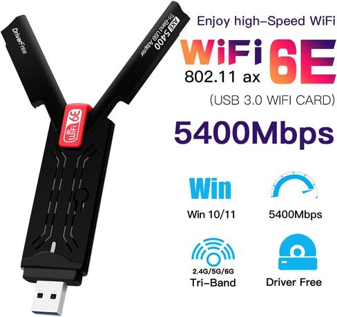 برنامج تشغيل محول شبكة USB WiFi 6E لاسلكي مجاني جيجابت ألعاب USB 3.0 بطاقة WiFi AX5400 لأجهزة الكمبيوتر المكتبية مع 2.4 جيجا هرتز، 5 جيجا هرتز، 6 جيجا هرتز، هوائي ثلاثي الموجات عالي الكسب، MU-MIMO OFDMA فقط يدعم Win 11/10 in Kuwait