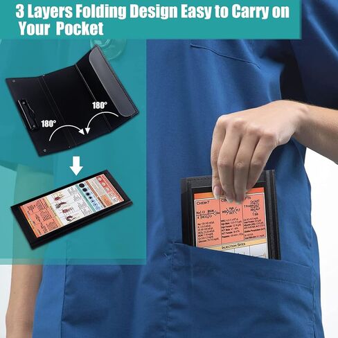 حافظة للتمريض قابلة للطي، حافظة للممرضات مكونة من 3 طبقات مع أوراق غش لإصدار التمريض وحامل أقلام، حافظة ثلاثية الطي بحجم الجيب للموظفين والممرضات والأطباء والطلاب، باللون الأسود in Kuwait