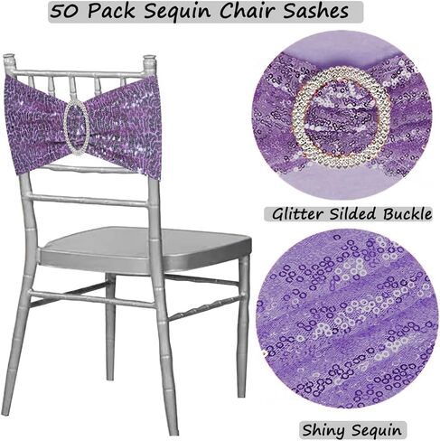Gankar Double-Sided Silver Sequin Spandex Chair Sashes 50 Pack for Wedding Christmas Birthday Party Decoration,Silver Sashes for Chairs with Round Buckles for Chairs Decor in Kuwait