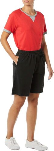 AmeriMark Women’s Shorts - Full Elastic Waist Athletic Bermuda Shorts - Ladies 100% Cotton Pull-On Golf Shorts with Pockets Black Large in Saudi Arabia