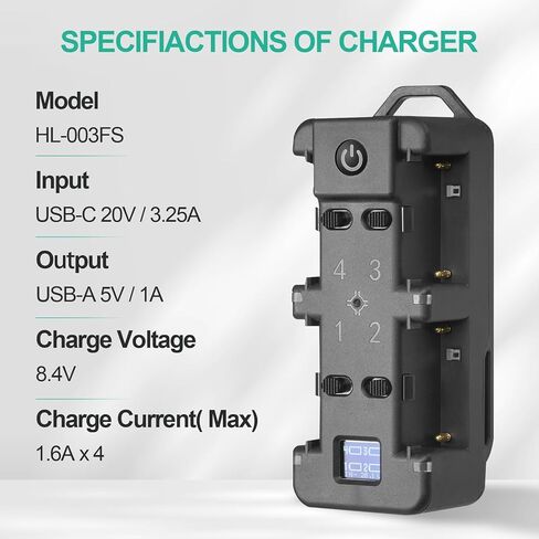 شاحن بطارية WELLMAKING NP-F سريع بأربع قنوات مع شاشة LCD، قابس طاقة PD 65W، ضوء مؤشر الشحن وكابل USB-C متوافق مع بطاريات Sony NP-F550 F570 F750 F770 F930 F950 F960 F970 in Kuwait