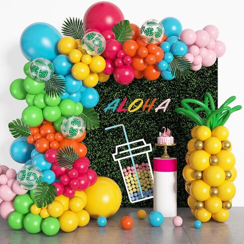 Amandir 165Pcs Tropical Balloon Arch Garland Kit, Hawaiian Luau Aloha Summer Party Decorations Hot Pink Orange Yellow Blue Green Pineapple Balloons Palm Leaves Birthday Flamingo Beach Supplies in Saudi Arabia