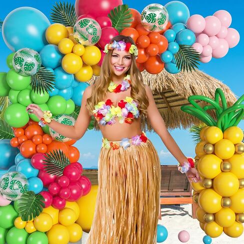 Amandir 165Pcs Tropical Balloon Arch Garland Kit, Hawaiian Luau Aloha Summer Party Decorations Hot Pink Orange Yellow Blue Green Pineapple Balloons Palm Leaves Birthday Flamingo Beach Supplies in Saudi Arabia
