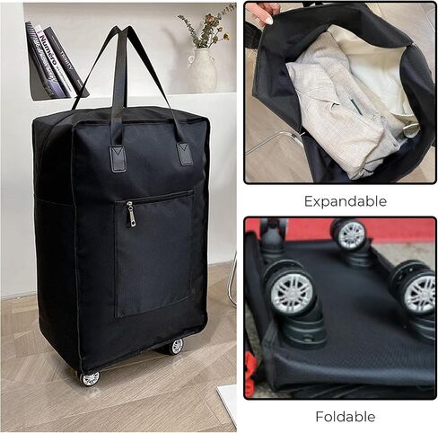Expandable Foldable Duffel Bag with Wheels Rolling Duffle Bag Luggage Bag Carry on Bag Lightweight Suitcases,Black in Saudi Arabia