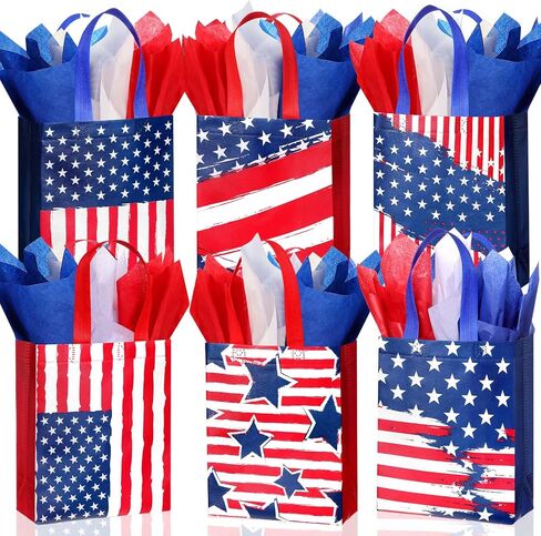 Clysee Reusable Patriotic Non Woven Presidents Day Gift Bags with Tissue Paper 6 Different Patterns Waterproof Tote Bags with Handle for 4th of July Decor Holiday Patriotic Party Favors(12 Pack) in Saudi Arabia
