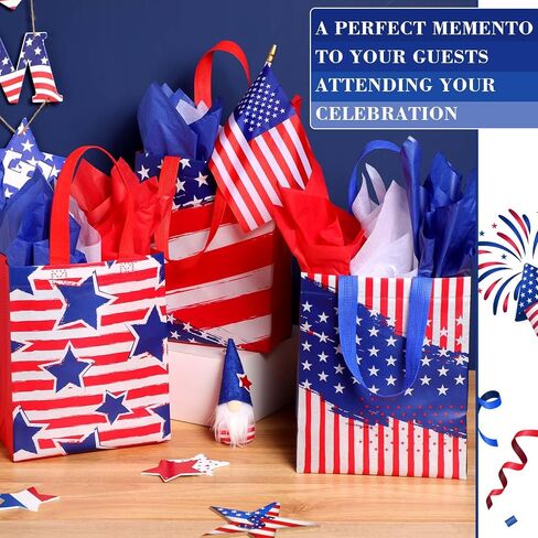 Clysee Reusable Patriotic Non Woven Presidents Day Gift Bags with Tissue Paper 6 Different Patterns Waterproof Tote Bags with Handle for 4th of July Decor Holiday Patriotic Party Favors(12 Pack) in Saudi Arabia