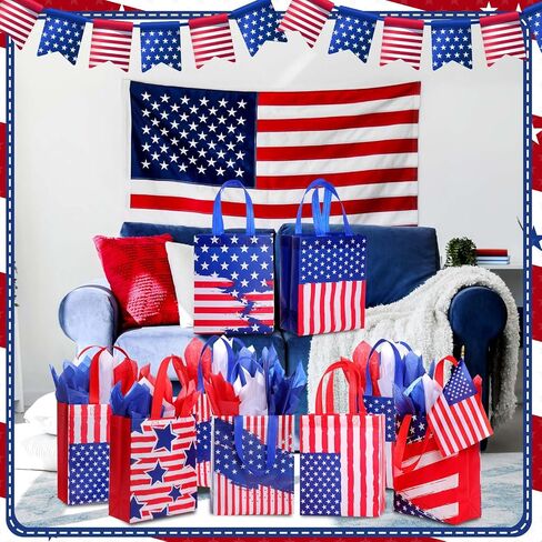 Clysee Reusable Patriotic Non Woven Presidents Day Gift Bags with Tissue Paper 6 Different Patterns Waterproof Tote Bags with Handle for 4th of July Decor Holiday Patriotic Party Favors(12 Pack) in Saudi Arabia