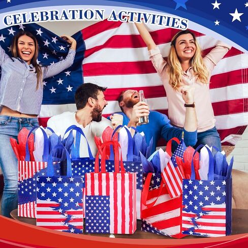 Clysee Reusable Patriotic Non Woven Presidents Day Gift Bags with Tissue Paper 6 Different Patterns Waterproof Tote Bags with Handle for 4th of July Decor Holiday Patriotic Party Favors(12 Pack) in Saudi Arabia