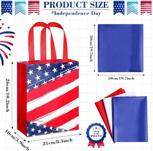 Clysee Reusable Patriotic Non Woven Presidents Day Gift Bags with Tissue Paper 6 Different Patterns Waterproof Tote Bags with Handle for 4th of July Decor Holiday Patriotic Party Favors(12 Pack) in Saudi Arabia