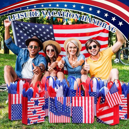 Clysee Reusable Patriotic Non Woven Presidents Day Gift Bags with Tissue Paper 6 Different Patterns Waterproof Tote Bags with Handle for 4th of July Decor Holiday Patriotic Party Favors(12 Pack) in Saudi Arabia