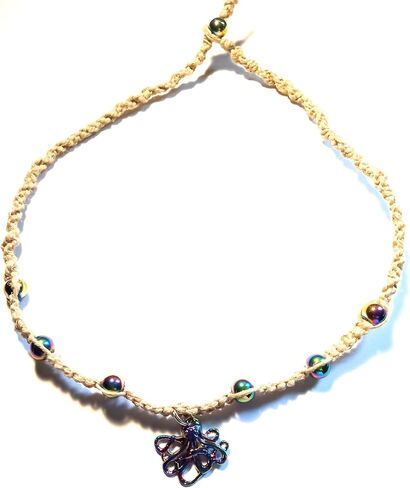 BEACH HEMP JEWELRY Octopus Necklace Hemp Choker Purple Chrome Pendant with Rainbow Hematite Stone Beads for Women Teen Girls Handmade in Saudi Arabia