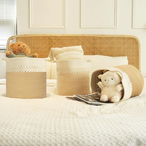Storage Baskets Bins Set of 3 Woven Storage Cubes Cotton Organizer Boxs Blanket Closet Shelf Round Toy Storage 11.8''x11''x11'' in Saudi Arabia