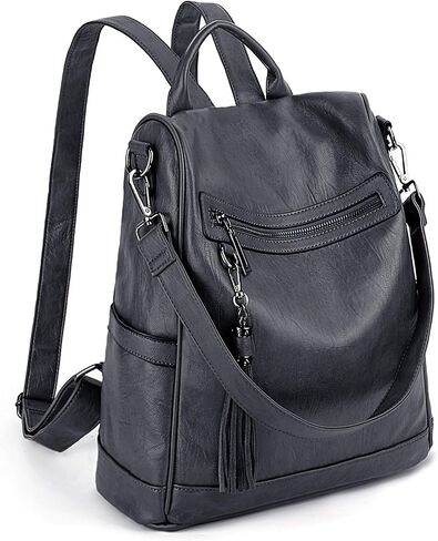 UTO Women Anti-Theft Backpack Purse PU Washed Leather Ladies Tassels Convertible Rucksack Shoulder Bag Grey in Saudi Arabia