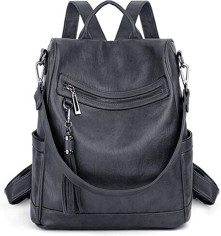 UTO Women Anti-Theft Backpack Purse PU Washed Leather Ladies Tassels Convertible Rucksack Shoulder Bag Grey in Saudi Arabia