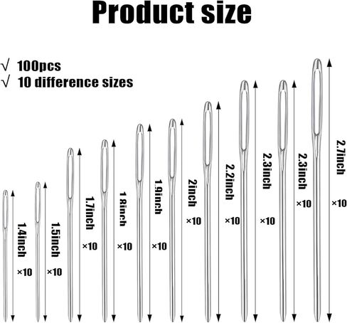 100 قطعة من إبر الحياكة الكبيرة، 10 مقاسات من إبر الحياكة، إبر الخياطة اليدوية للتطريز المزخرف، إبر الحياكة اليدوية مع 5 قطع من الخيوط لمشاريع الكروشيه in Kuwait