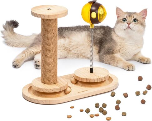 MEWOOFUN Cat Treat Dispenser Toy, Cat Treat Puzzle with Bees Cat Treat Ball, Cat Treat Toy with Cat Ball Track Toy, Cat Puzzle Feeder with Cat Scratching Post Small Cats & Kitten, Wooden in Saudi Arabia
