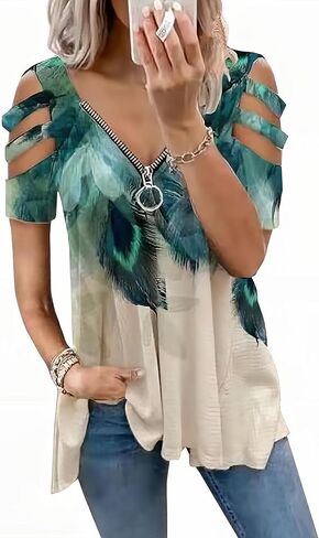 BJYPHJSH Women's Cold Shoulder Tops Tee Sexy Summer V Neck Loose T Shirts Casual Short Sleeves Zipper Floral Print Blouse in Saudi Arabia