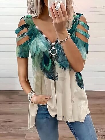 BJYPHJSH Women's Cold Shoulder Tops Tee Sexy Summer V Neck Loose T Shirts Casual Short Sleeves Zipper Floral Print Blouse in Saudi Arabia