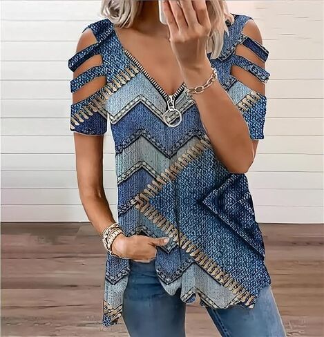 BJYPHJSH Women's Cold Shoulder Tops Tee Sexy Summer V Neck Loose T Shirts Casual Short Sleeves Zipper Floral Print Blouse in Saudi Arabia