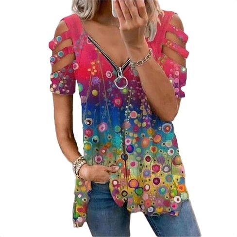 BJYPHJSH Women's Cold Shoulder Tops Tee Sexy Summer V Neck Loose T Shirts Casual Short Sleeves Zipper Floral Print Blouse in Saudi Arabia