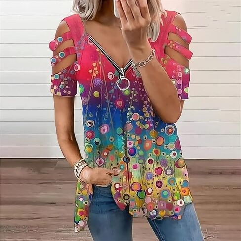 BJYPHJSH Women's Cold Shoulder Tops Tee Sexy Summer V Neck Loose T Shirts Casual Short Sleeves Zipper Floral Print Blouse in Saudi Arabia
