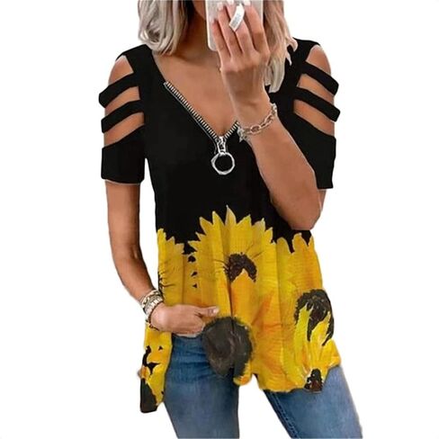 BJYPHJSH Women's Cold Shoulder Tops Tee Sexy Summer V Neck Loose T Shirts Casual Short Sleeves Zipper Floral Print Blouse in Saudi Arabia