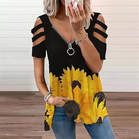 BJYPHJSH Women's Cold Shoulder Tops Tee Sexy Summer V Neck Loose T Shirts Casual Short Sleeves Zipper Floral Print Blouse in Saudi Arabia