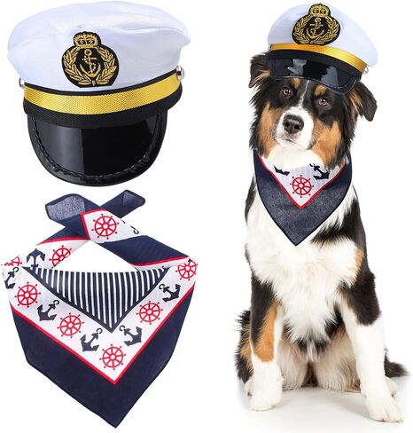2 Pieces Pet Sailors Costume Accessory Set Dog Cat White Captain Hat with Anchor Bandana Scarf for Cat Puppy Navy Halloween Cosplay Costume Party Supplies (Set-C) in Saudi Arabia