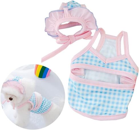 Dog Summer Clothes Cute Plaid Puppy Bikini Shirt with Sun Cap, Hawaiian Beach Swimsuit,Dog Suit for Swimming and Bathing, Pet Luau Outfit in Saudi Arabia