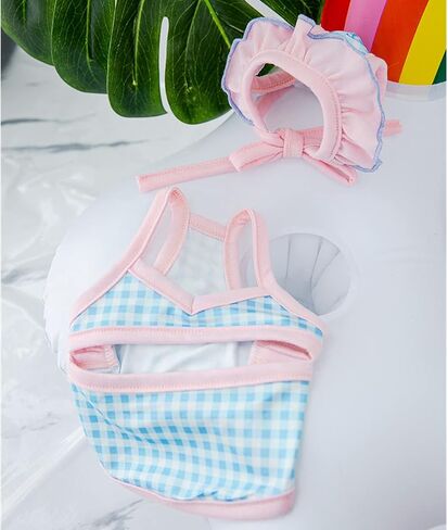 Dog Summer Clothes Cute Plaid Puppy Bikini Shirt with Sun Cap, Hawaiian Beach Swimsuit,Dog Suit for Swimming and Bathing, Pet Luau Outfit in Saudi Arabia