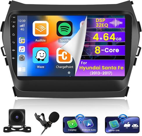 ترقية راديو Roinvou 8 Cores 4+64G Android لسيارة Hyundai Santa Fe 2013-2017، شاشة لمس عالية الدقة 9 بوصة مع CarPlay لاسلكي Android Auto GPS Navigation WiFi Backup Camera Mirror Link Bluetooth Mic FM RDS in Kuwait