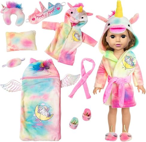 مجموعة ملابس الدمى للفتيات وحقيبة النوم مقاس 14.5 بوصة من ZITA ELEMENT - ثوب نوم وحيد القرن للدمية مقاس 14 إلى 14.5 بوصة مع وسادة أحذية مطابقة وقناع العين للأطفال، أفضل الهدايا in Kuwait