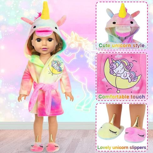 مجموعة ملابس الدمى للفتيات وحقيبة النوم مقاس 14.5 بوصة من ZITA ELEMENT - ثوب نوم وحيد القرن للدمية مقاس 14 إلى 14.5 بوصة مع وسادة أحذية مطابقة وقناع العين للأطفال، أفضل الهدايا in Kuwait