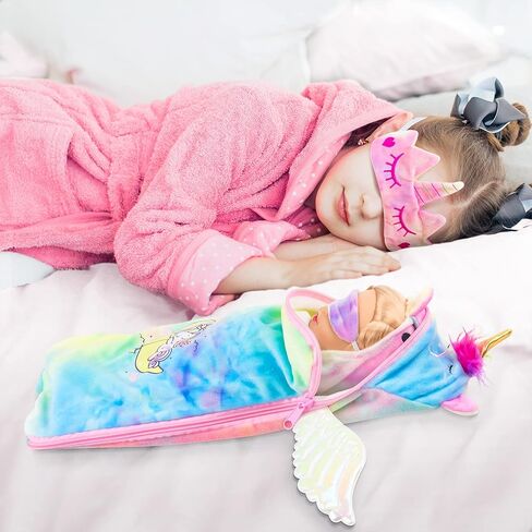 مجموعة ملابس الدمى للفتيات وحقيبة النوم مقاس 14.5 بوصة من ZITA ELEMENT - ثوب نوم وحيد القرن للدمية مقاس 14 إلى 14.5 بوصة مع وسادة أحذية مطابقة وقناع العين للأطفال، أفضل الهدايا in Kuwait