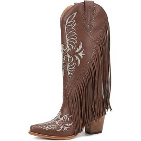 Women’s Cowgirl Western Boots with Fringe – Faux Leather Embroidered Knee High Cowboy Boots, Pointed Toe, Mid Heel in Saudi Arabia