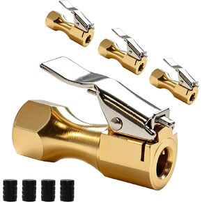 Lock On Air Chuck with Clip, 1/4" NPT Closed Flow Tire Chuck 150 PSI, Heavy Duty Air Compressor Accessory for Tire Inflator Gauge, 4PCS Kit with Valve Stem Caps – Leak-Proof Inflation Tool in Kuwait